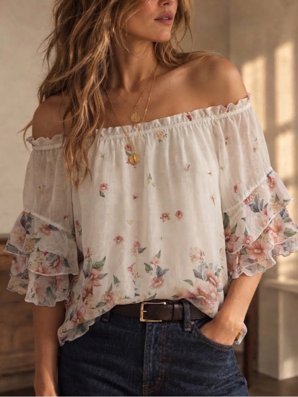 Italy Off-Shoulder Floral Ruffle Sleeve Top- Shell Silk and Rayon- NWOT
